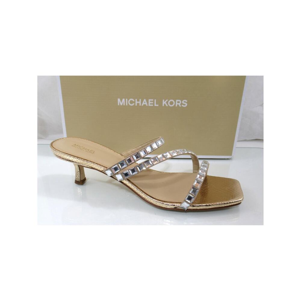 Michael Kors Celia Kitten Heel Slide Embellished Sandals Pale Gold Size 9.5